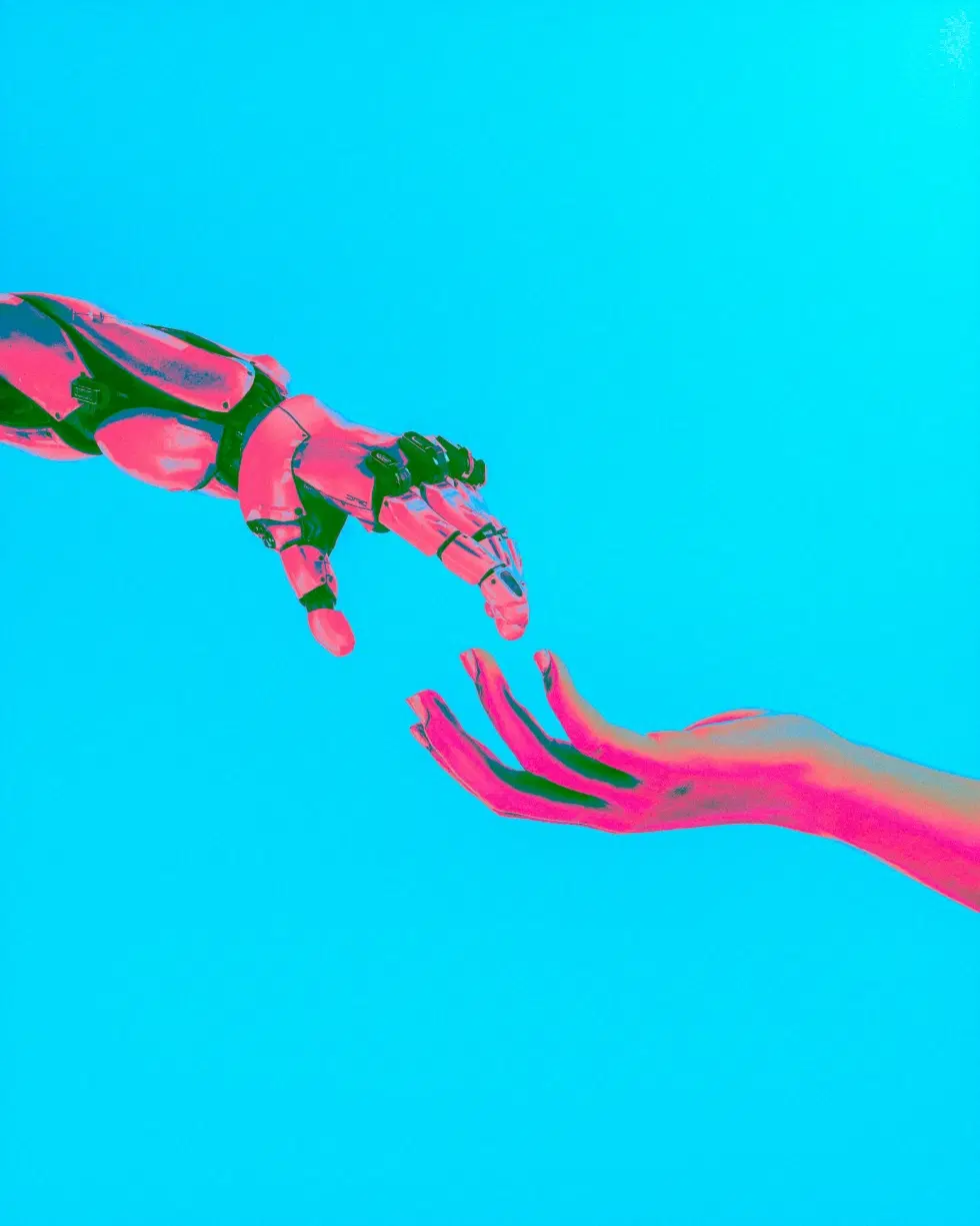 A translucent robotic hand reaching toward a human hand